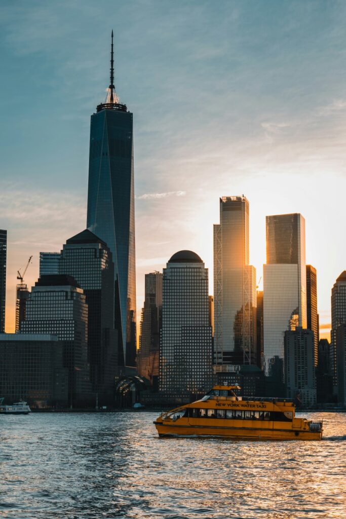 New York skyline at sunset with water taxi