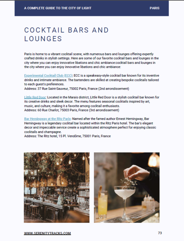 Page from Serenity Tracks Paris tarvel guide with the information about best cocktail bars and lounges in Paris