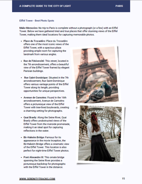 Page from Serenity Tracks Paris tarvel guide with the information about best photo spots with Eiffel Tower