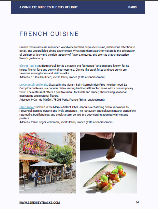 Page from Serenity Tracks Paris tarvel guide with the information about best French resurants in Paris