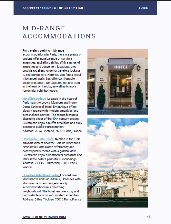 Page from Serenity Tracks Paris tarvel guide with the information about mid-range hotels