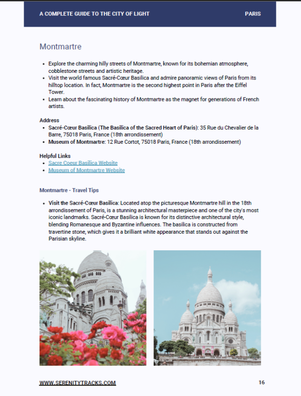 Page from Serenity Tracks Paris tarvel guide with the information about the Montmartre neighborhood in Paris