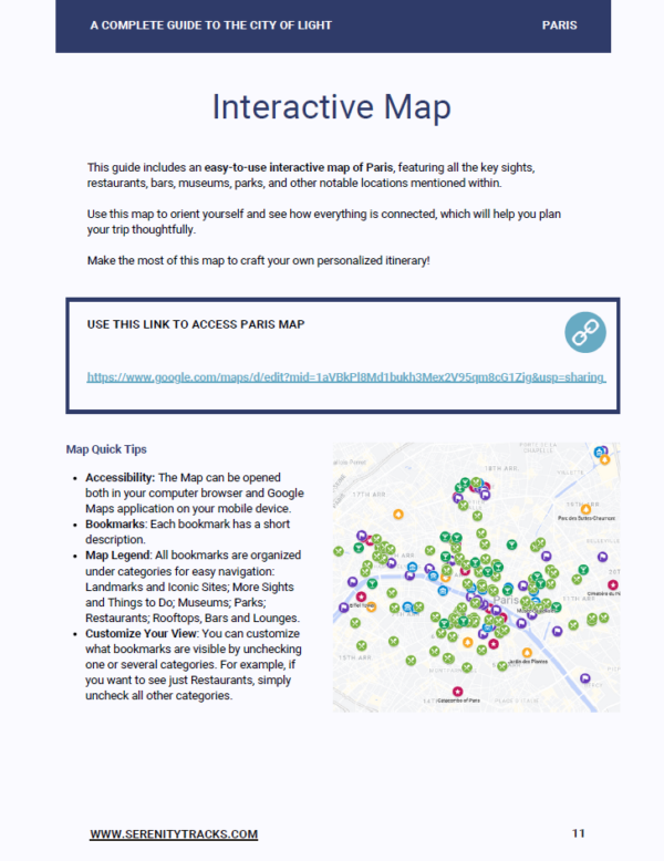 Page from Serenity Tracks Paris tarvel guide with an interactive map of Paris