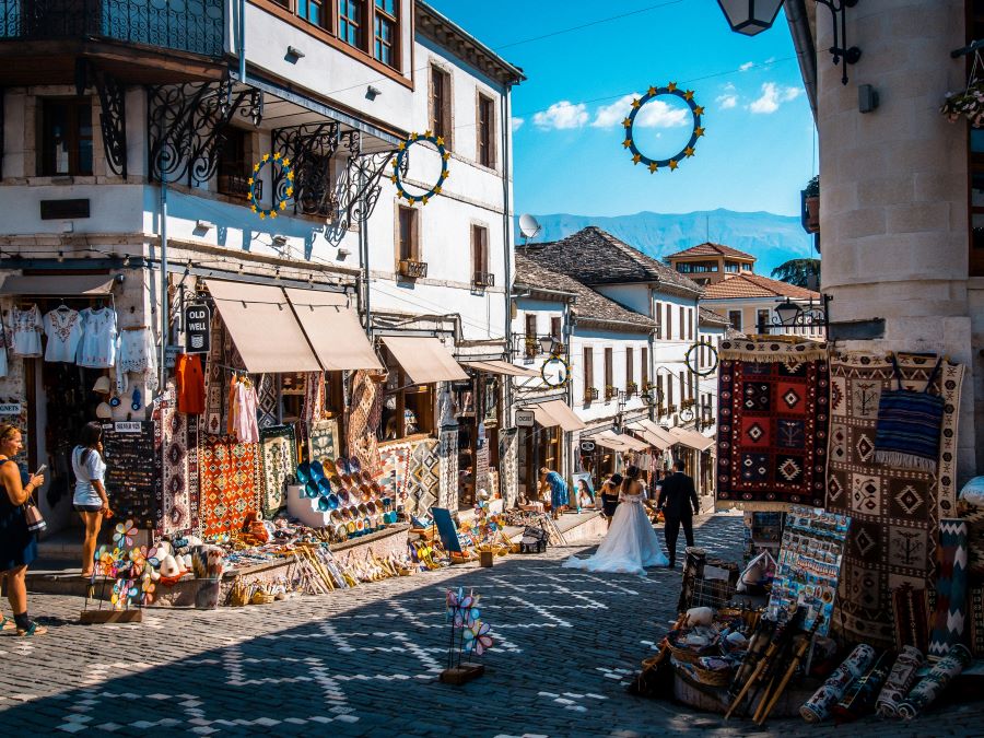 Stone houses and old streets of an Ottomoan-era town in Albania