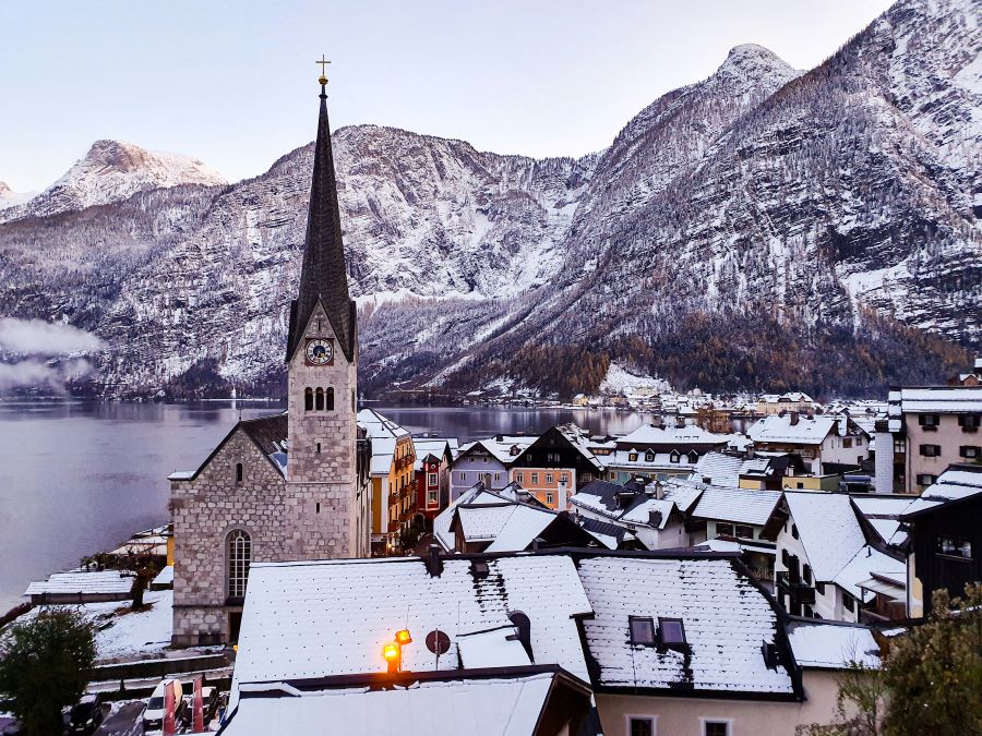 Ariel view of a small European town of Hallstatt in Germany during winter