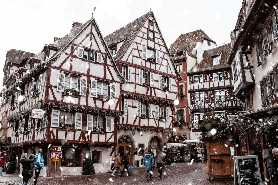 Picturesque street of the town of Colmar in Alsace France during Christmas