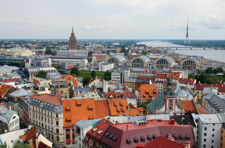 Aerial view of Riga, Latvia on a cloudy day